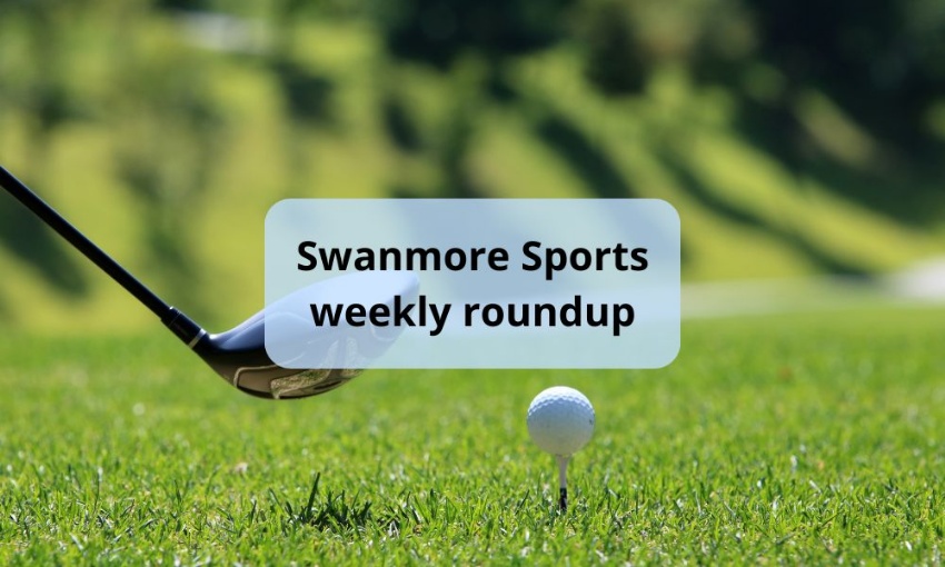 Image shows a golf club with a ball on a tee surrounded by manicured grass and the text swanmore sports weekly roundup